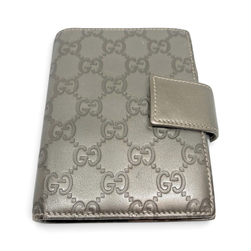 Gucci Guccissima Bronze Pewter Leather 6-Ring Agenda Planner w/ Pen & Pouch